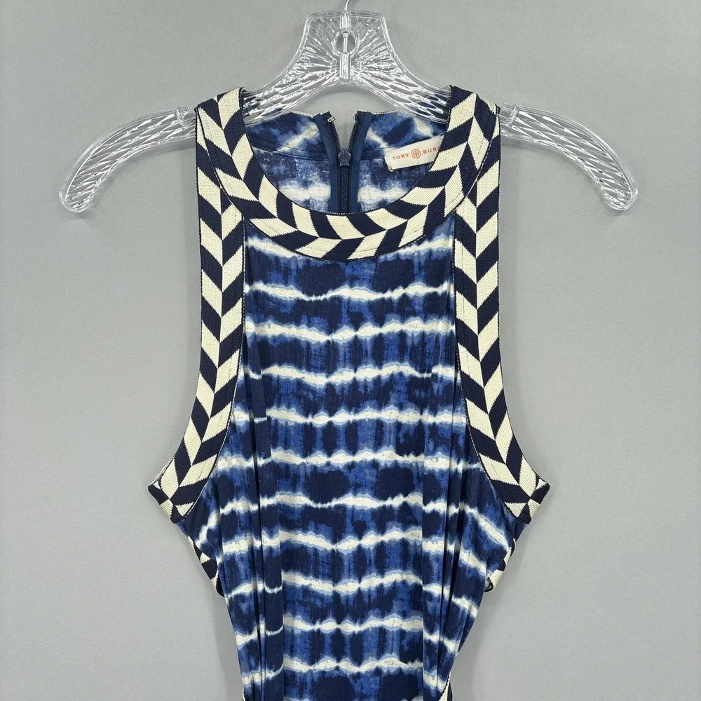 Tory Burch Dress Small Blue Tie Dye Sleeveless Maxi Tank Belted Jersey Boho